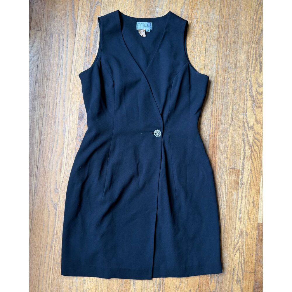 Ann Tjian for Kenar Structured Sleeveless VTG Black V-Neck Mini Wrap Dress 10